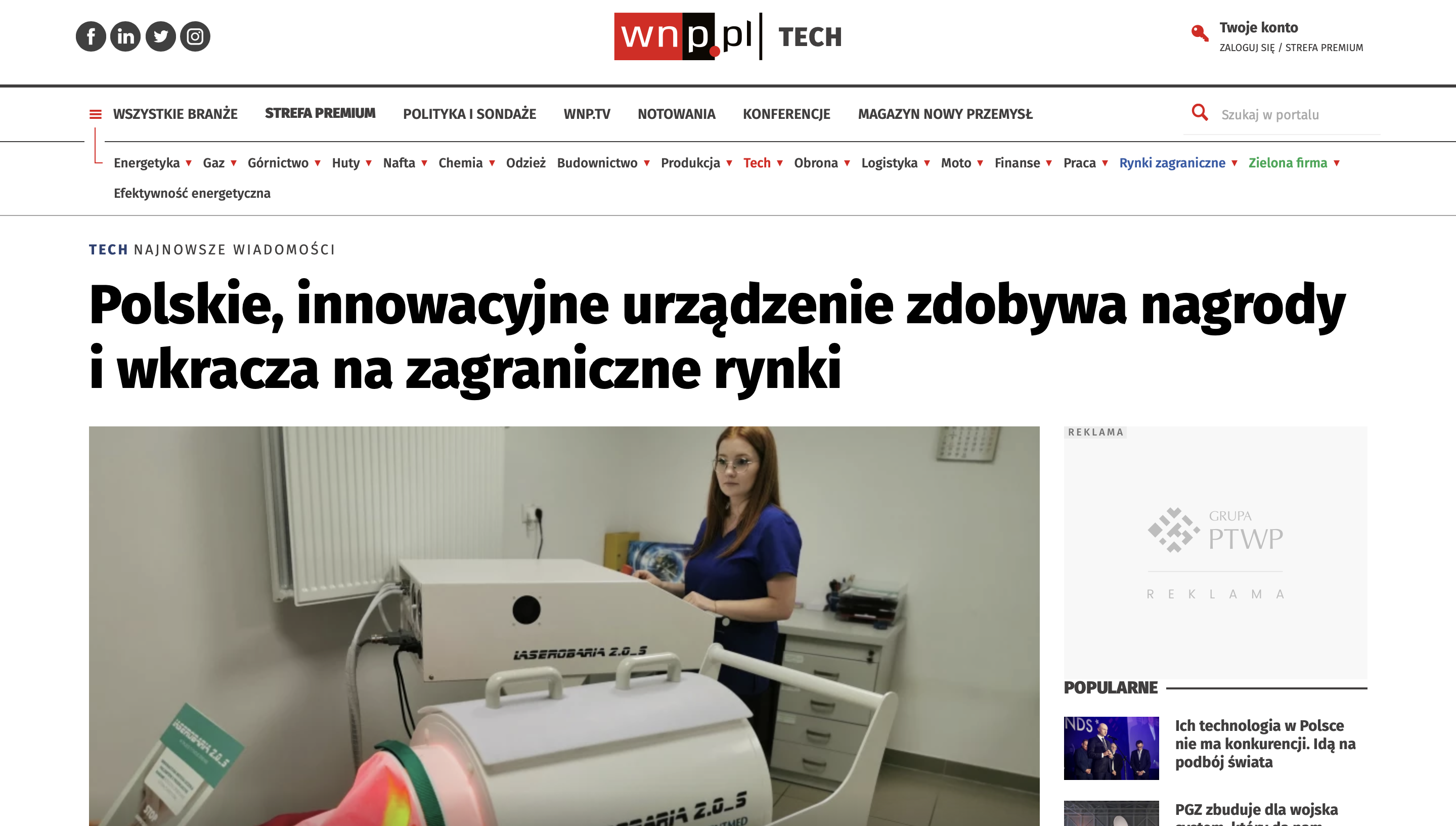 Polskie, innowacyjne urządzenie zdobywa nagrody i wkracza na rynku zagraniczne" czyli nowa publikacja o Laserobarii 2.0_S na łamach prasy medycznej
